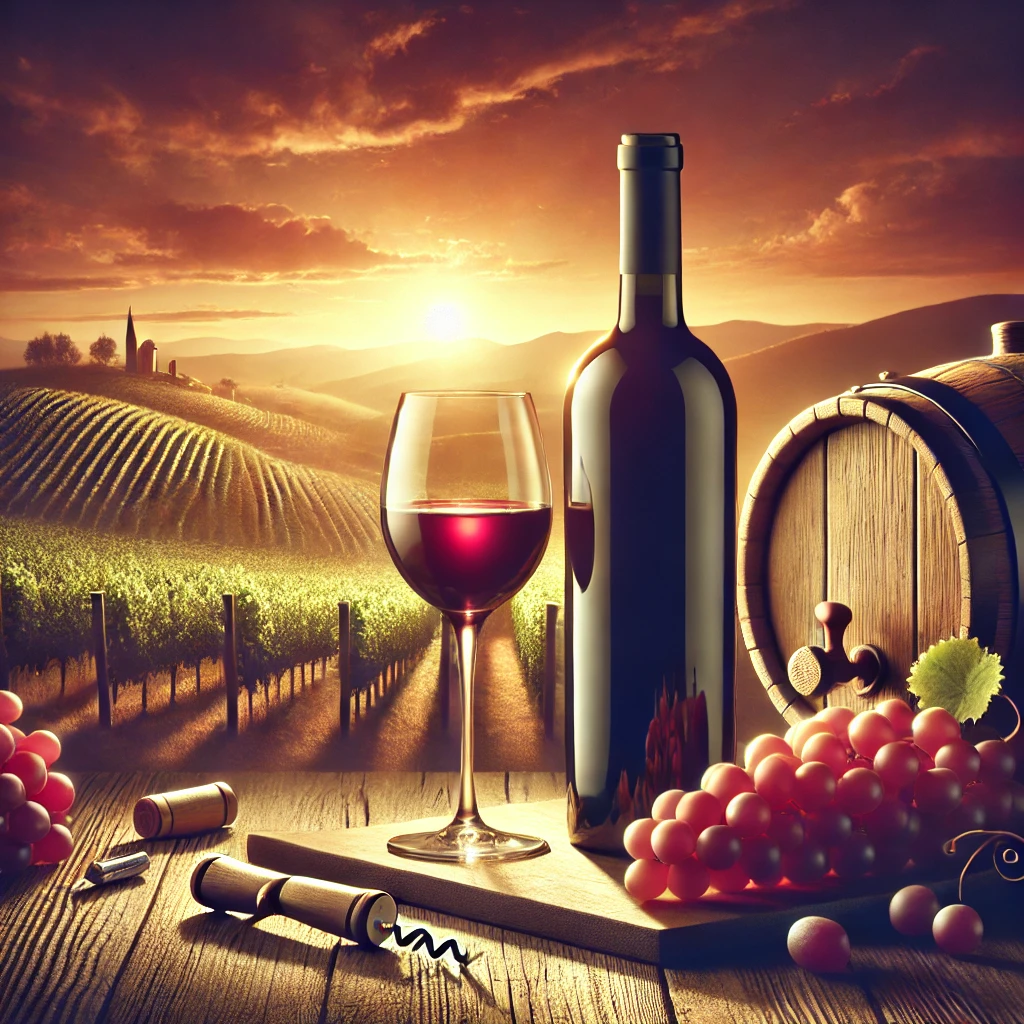久道｜酒到- A luxurious feature image for a red wine guide. The image should depict a premium bottle of red wine with a glass of wine poured beside it on a rustic