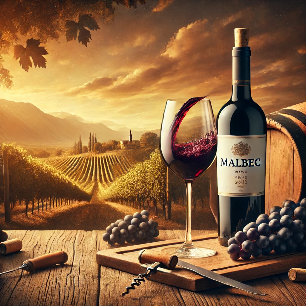 久道｜酒到 - A luxurious feature image for a Malbec wine guide. The image should depict a premium bottle of Malbec red wine with a glass of deep purple wine poured