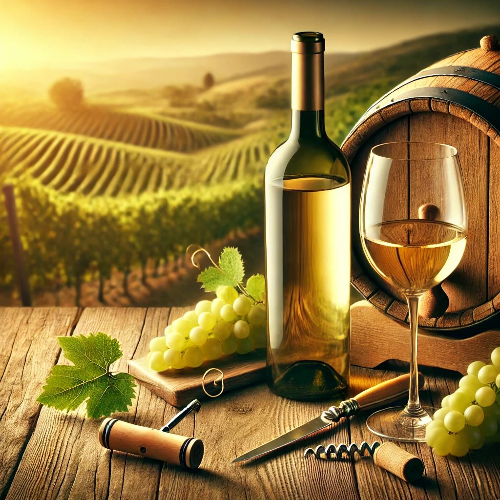 久道｜酒到 - A luxurious feature image for a white wine guide. The image should depict an elegant bottle of white wine with a glass of wine poured beside it on a r